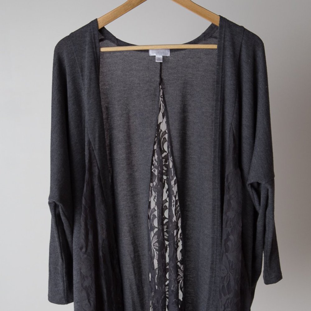 Dark Gray Dolman Cardigan with Lace Inset